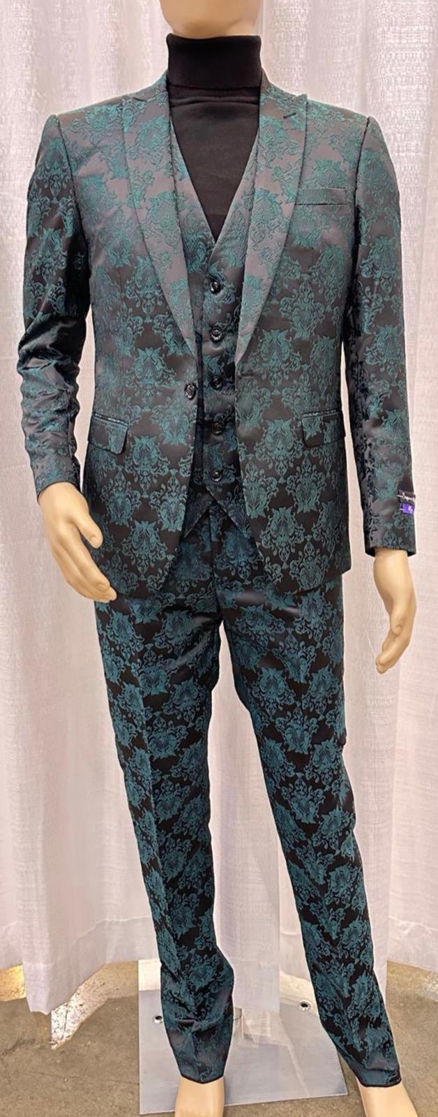 Mens Emerald Green Floral Jacquard 3-Piece Tuxedo Suit Slim Fit Formal Set with Blazer, Vest, and Pants Paisley Fabric - Ultra slim fitted