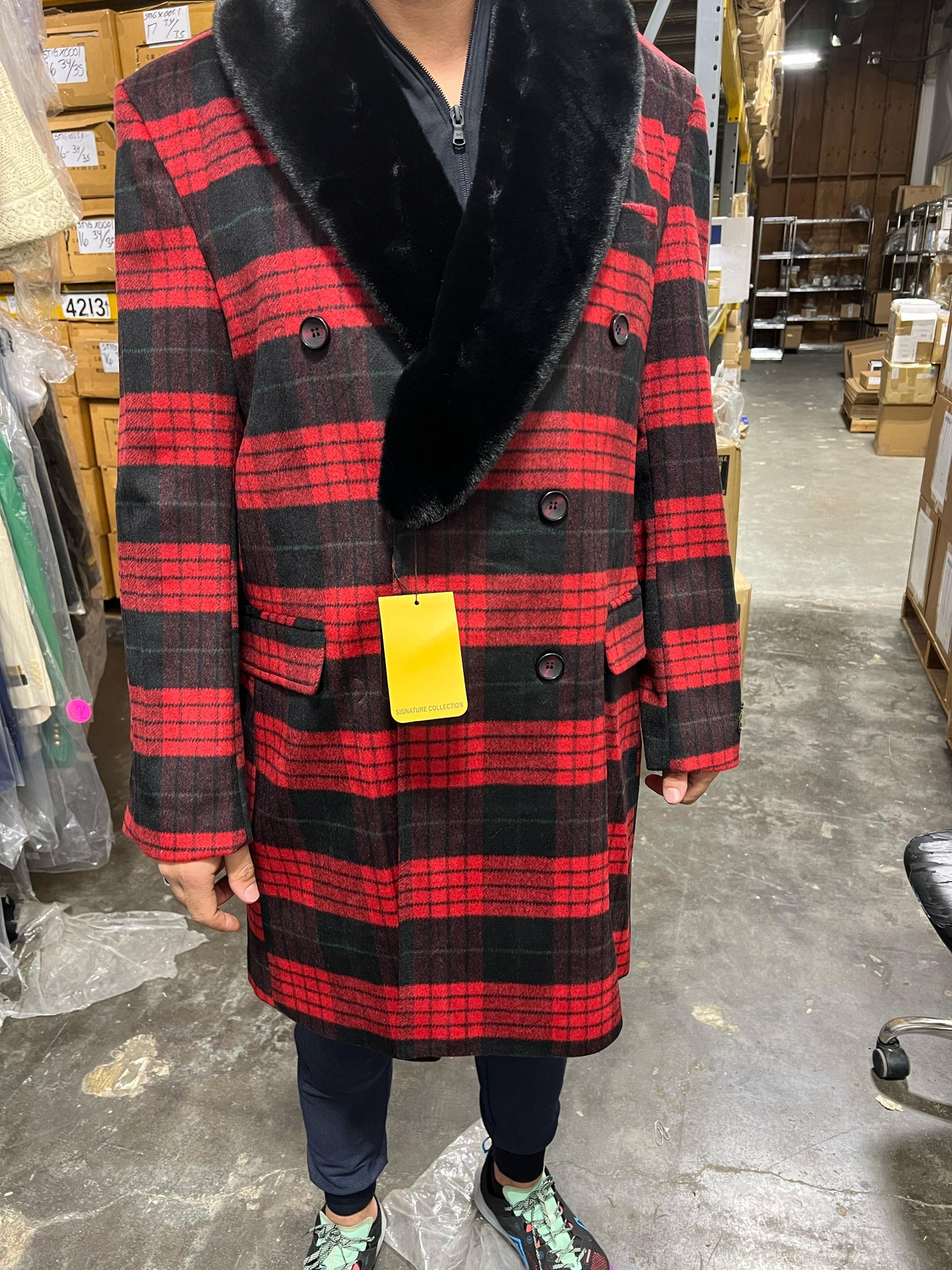 Mens Red and Black Plaid Wool Overcoat with Black Faux Fur Shawl Collar Double-Breasted Winter Coat - Tartan Design