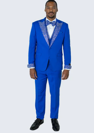 Mens Bright Royal Blue and White lapel Embellished Tuxedo Suit 3-Piece Formal Wedding, Prom, and Gala Outfit