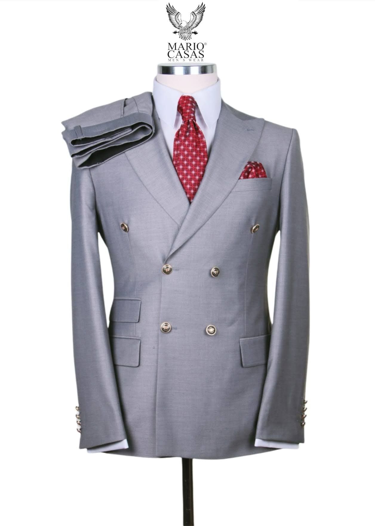 Mens Light Grey Double-Breasted Suit Classic Slim Fit Business and Wedding Formal Attire