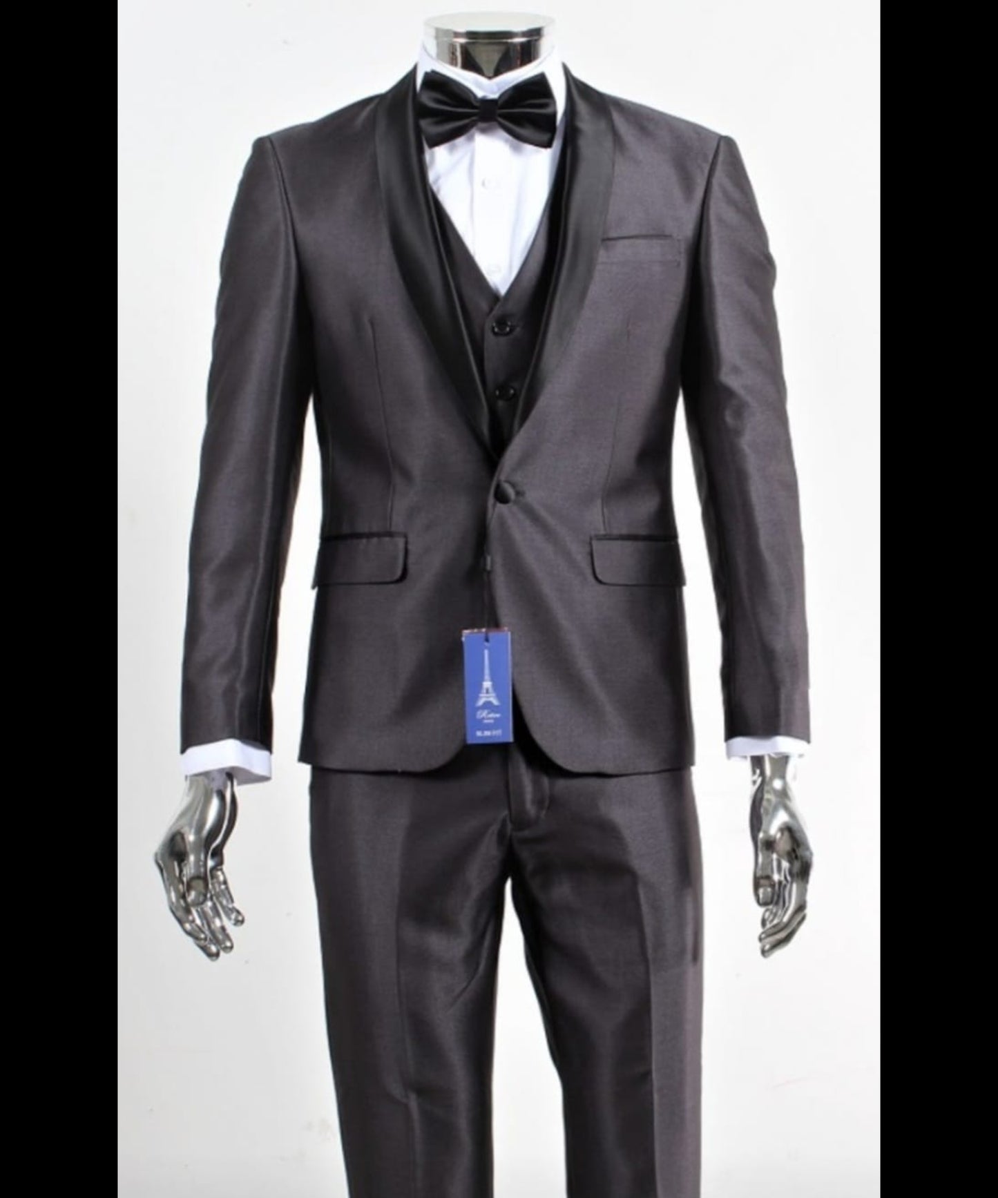 Men’s Shiny Sateen Charcoal Gray Tuxedo Three Piece Suit with Black Shawl Lapel | Formal Wedding Prom Suit Sharkskin