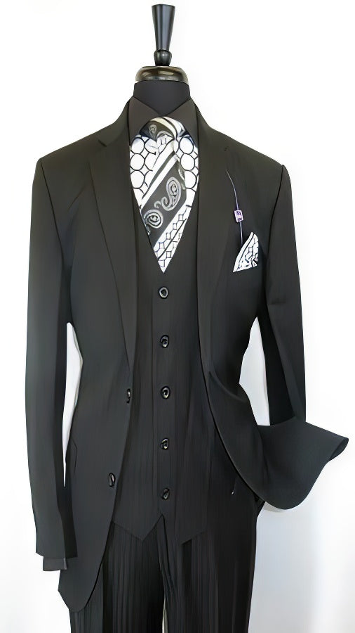 Vinci Men's Black On Black Shadow Stripe Style Two Buttons Vested Suit
