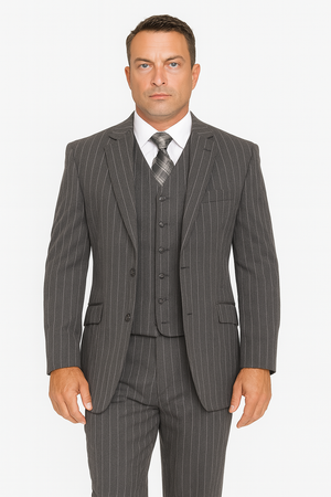 Mens Modern Fit Venetian Gatsby Suit Charcoal Pinstripe with Vest - Banker Stripe