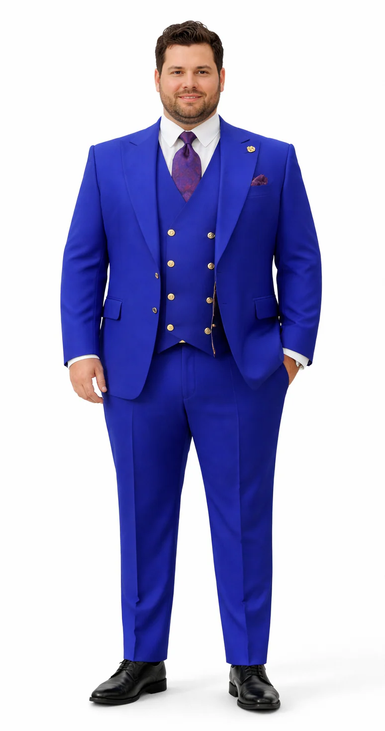 Rossiman Brand Royal Blue Suits - 1 Button Suit Peak Lapel Double Breasted Vest
