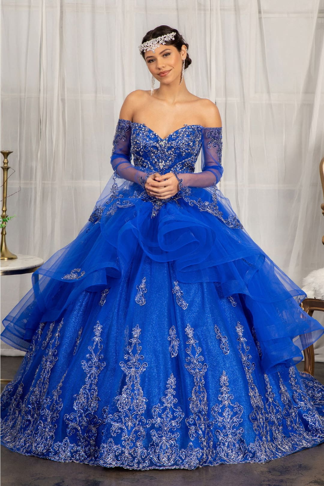 Royal Blue Ruffled Bell Sleeve Ball Gown for Women by Elizabeth K