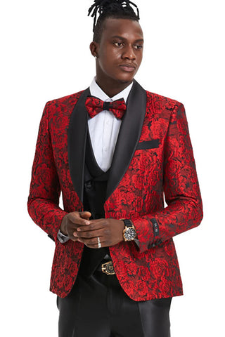 Men's One Button Slim Fit Shiny Paisely Floral Vested  Prom Tuxedo In Red