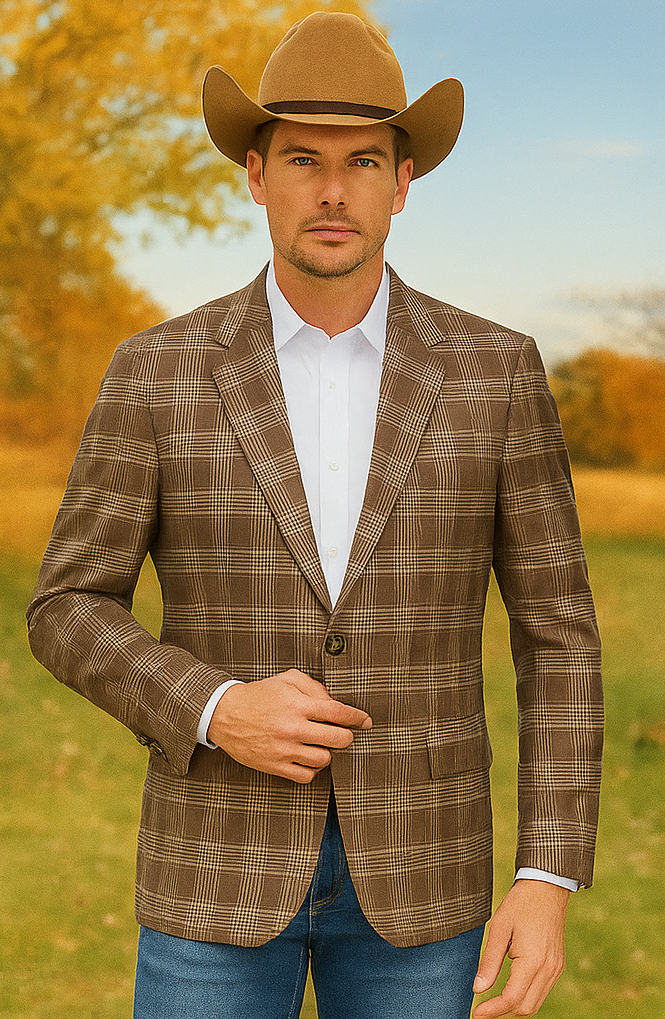 Saco vaquero - Western Sport Coat - Western Blazer- Men's Slim Fit Business Casual Khaki Glen Plaid Sport Coat