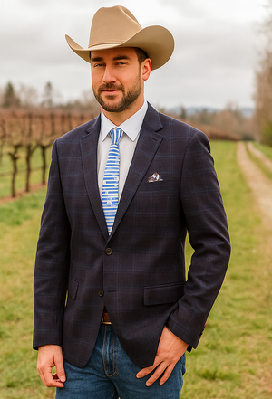 Saco vaquero - Western Sport Coat - Western Blazer- Mens Two Button Classic Wool Stretch Sport Coat Blazer In Dark Navy Blue Windowpane Plaid