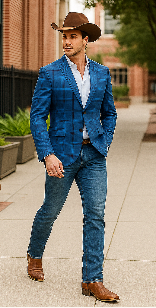 Saco vaquero - Western Sport Coat - Western Blazer - Men's Two Button Regular Fit Double Windowpane Plaid Blazer In Dark Blue