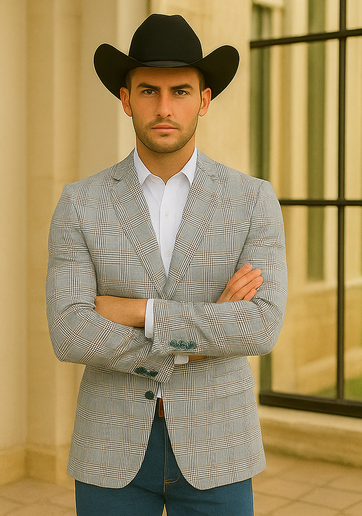 Saco vaquero - Western Sport Coat - Western Blazer- Men's Two Button Regular Fit Sport Coat In Blue & Tan Windowpane Plaid