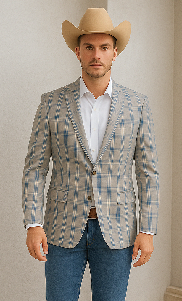 Parahombreusa Western Sport Coat Blazer Men's Two Button Regular Fit Tan, Blue, Gold Windowpane Plaid