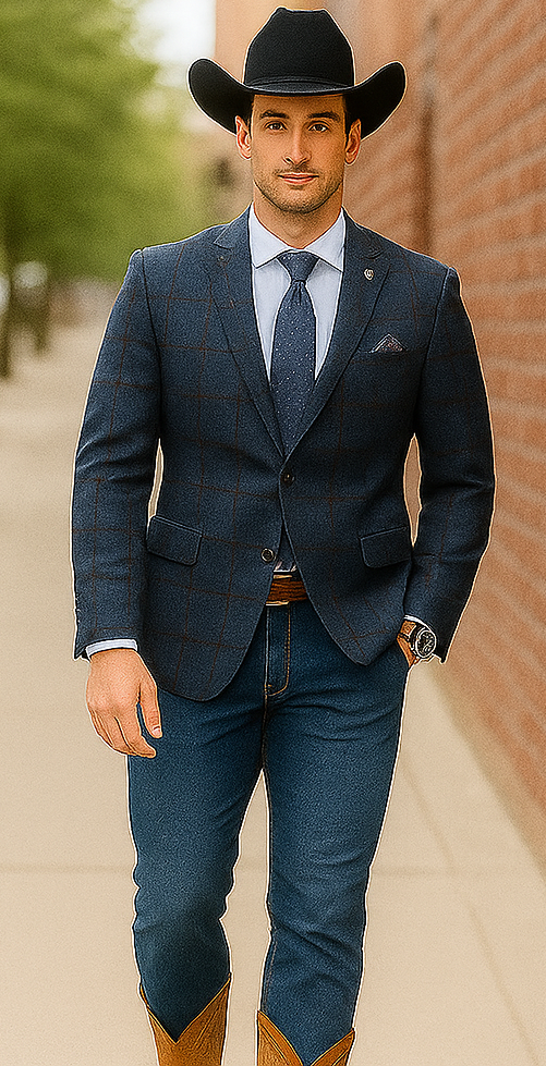 Saco vaquero - Western Sport Coat - Western Blazer - Mens Slim Fit Half Canvas Patch Pocket Summer Cotton Blazer In Navy Blue Windowpane Plaid