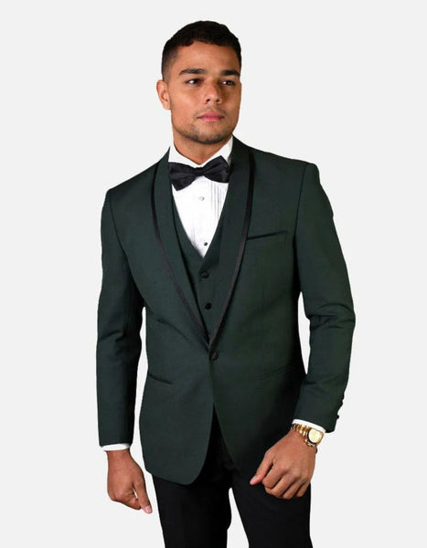 Mens Vested Shawl Lapel Tuxedo With Satin Trim in Hunter Green main image 1