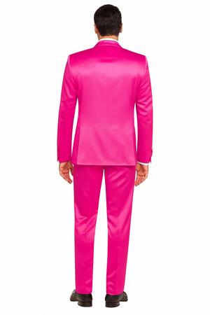 SKU#JA61711 Mens Shiny Blazer - Hot Pink Sateen Vested Suit