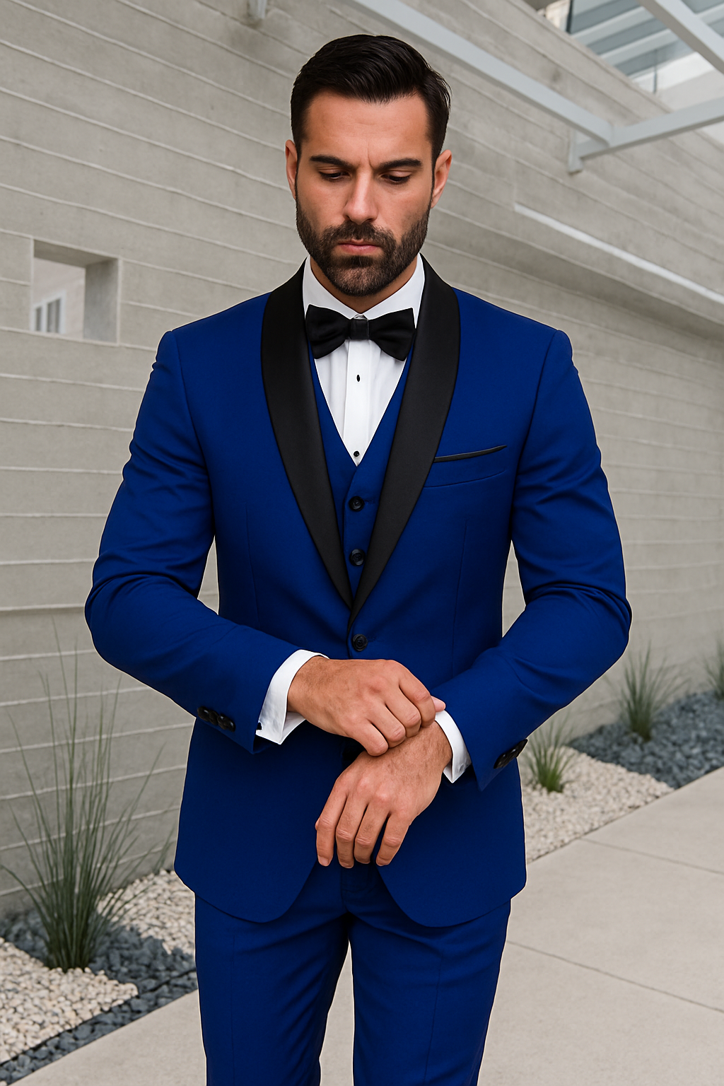 Mens 1 Button Shawl Lapel Vested Wool Wedding - Prom Tuxedo in Sapphire Blue - Mens Slim Fitted Tuxedo