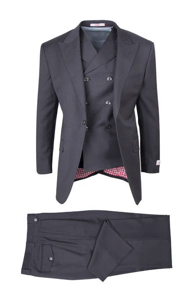 Tiglio Rosso Brand - Classic Suit Fit Pleated Pants Athletic Cut Real Wool Fabric Suit Peak Lapel Semi Wide leg Slack in Color Gray
