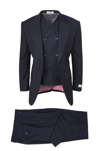 Tiglio Rosso Brand - Classic Suit Fit Pleated Pants Athletic Cut Real Wool Fabric Suit Peak Lapel Semi Wide leg Slack in Color Navy