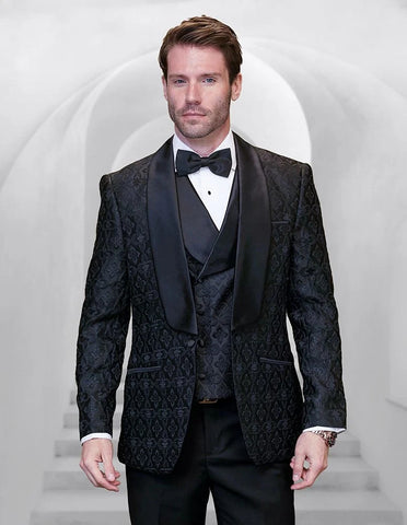 Statement Suit - Statement Italy Suit - Wool Suit - Statement Men's 3 Piece Wool Tuxedo - Deep Shawl Lapel