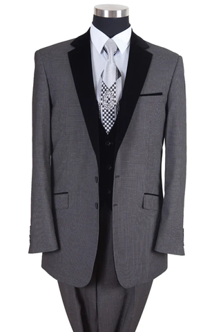 Mens Gray Tuxedo - Grey Wedding Suit-Mens Vested Modern Fit Tuxedo Suit In Grey With Black Velvet Lapel And Vest
