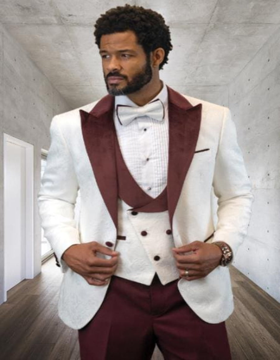 Maroon Tuxedo - Mens Burgundy Tuxedo Jacket + Vest + Pants - Single Breasted Wedding Tuxedo - Men's Tuxedo USA
