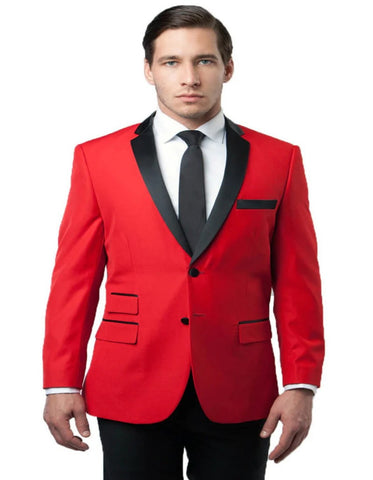 Men's Slim Fit Two Button Notch Lapel Tuxedo Jacket In Red & Black