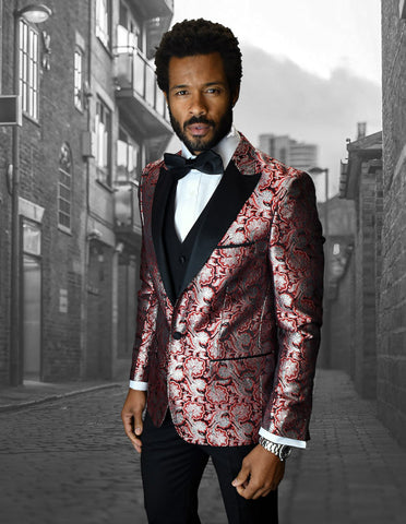 Mens Vested One Button Peak Lapel Shiny Floral Tuxedo in Red