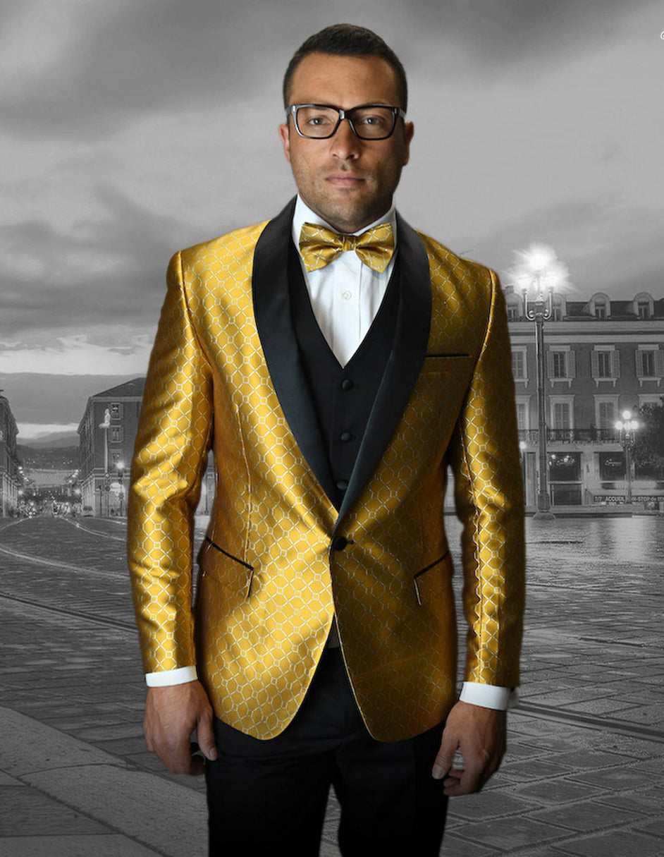 Mens Vested One Button Shawl Tuxedo in Geometric Chain Print in Gold Mens Vested One Button Shawl Tuxedo in Geometric Chain Print in Gold