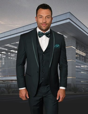 Mens Vested Shawl Lapel Tuxedo With Satin Trim in Hunter Green