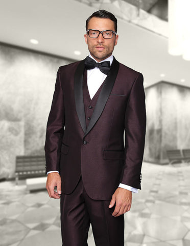 Mens Vested One Button Shiny Shawl Lapel Tuxedo in Burgundy