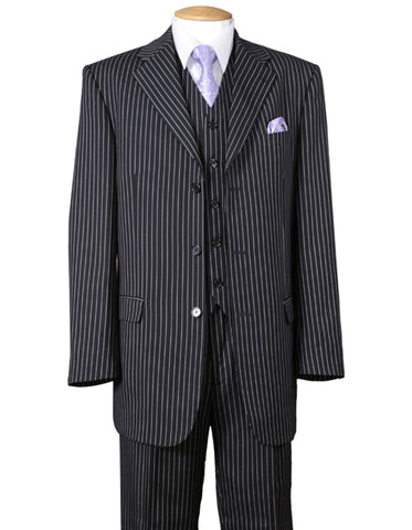 Mens 3 Button Notch Lapel Bold Pinstripe Gangster Suit in Black