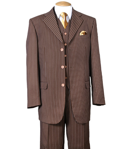 Mens 3 Button Notch Lapel Bold Pinstripe Gangster Suit in Brown