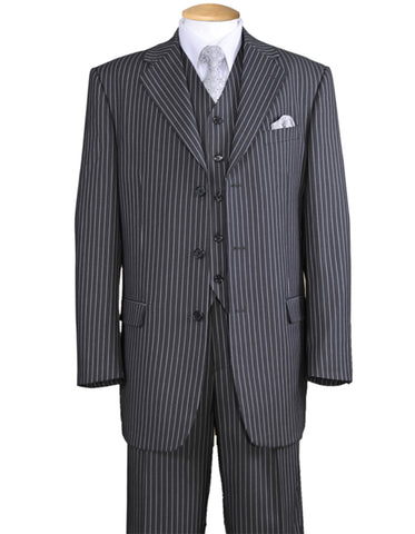 Mens 3 Button Notch Lapel Bold Pinstripe Gangster Suit in Grey