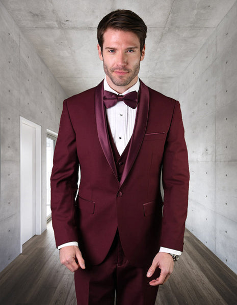 Mens Skinny Fit Shawl Prom Tuxedo in Burgundy main image 1