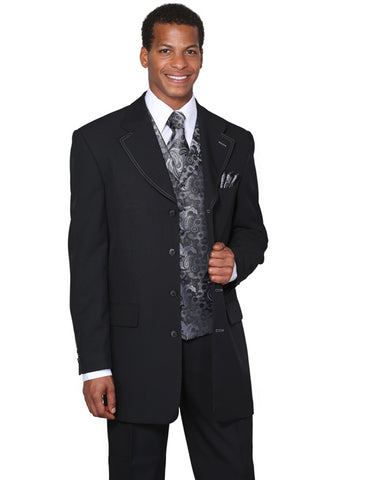 Mens 4 Button Wide Notch Lapel Fashion Zoot Suit in Black