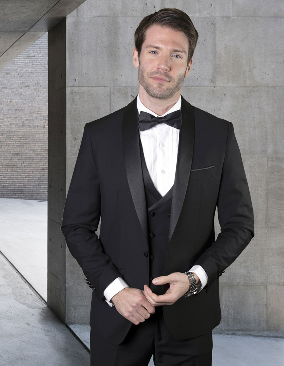 34 Mens Wool One Button Shawl Tuxedo with Double Breasted Vest in Black 34 Mens Wool One Button Shawl Tuxedo with Double Breasted Vest in Black