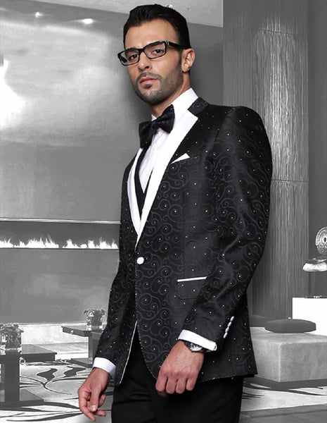 Mens Vested Swirl Patter Notch Lapel Tuxedo in Red