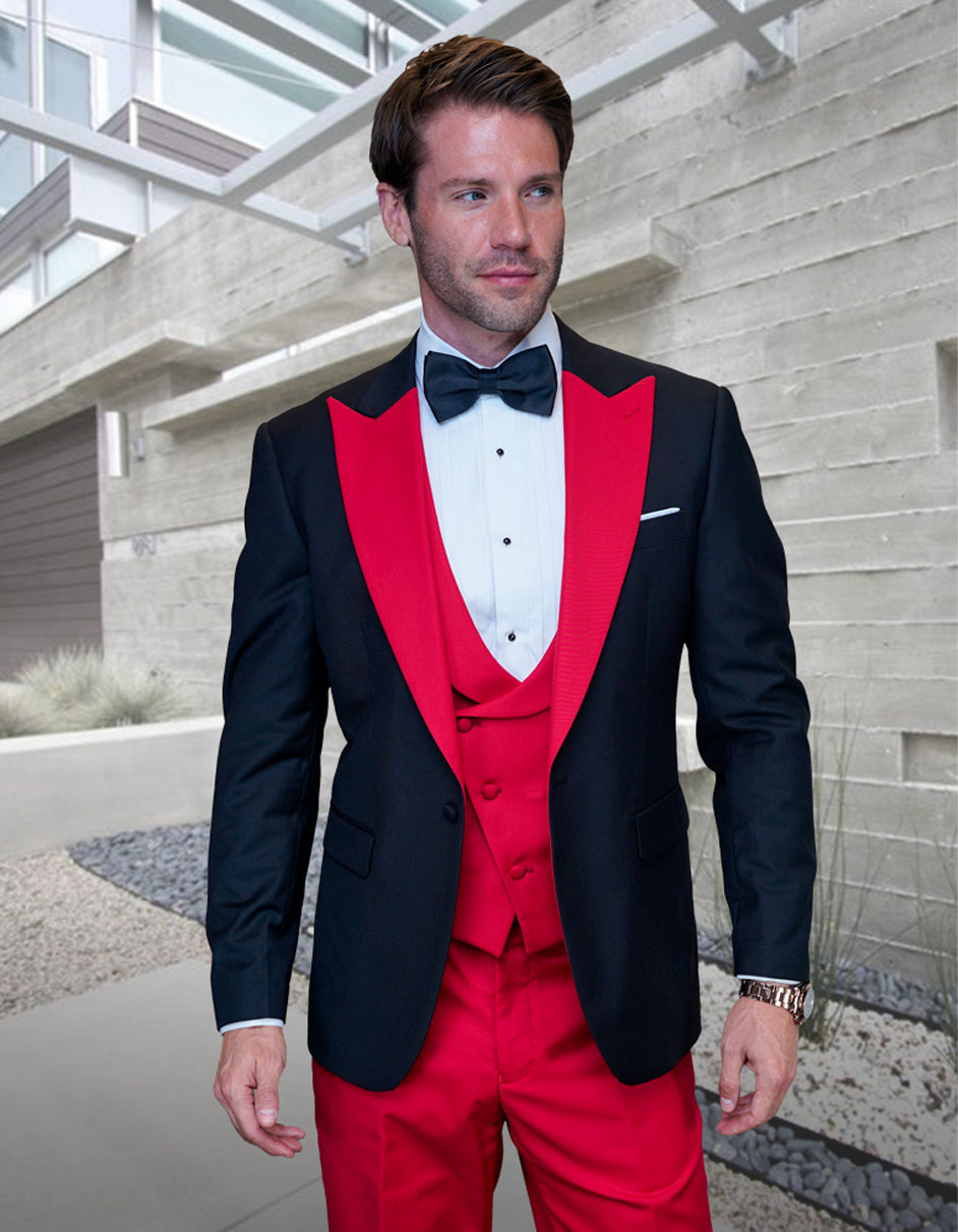 red dress shirt black tie Men's Outfit: Black Suit, Red Dress Shirt, Burgundy Check Tie, Red Pocket Square