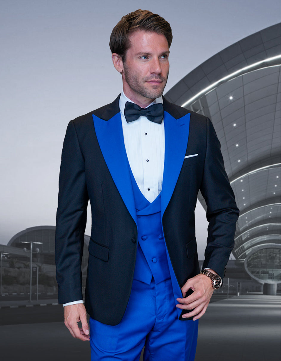 34 Mens Wool Vested Wide Contrast Peak Black and Royal Wedding Tuxedo 34 Mens Wool Vested Wide Contrast Peak Black and Royal Wedding Tuxedo