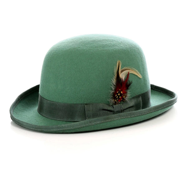 Mens Derby Hat in Emerald Green with green grosgrain bow ribbon and feather accent