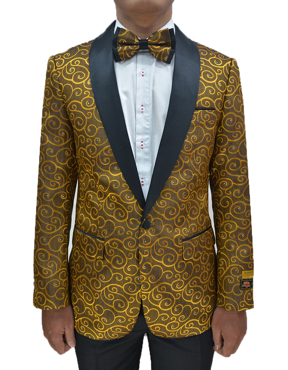 XS Mens Swirl & Diamond Pattern Prom Tuxedo Jacket in Gold & Black XS Mens Swirl & Diamond Pattern Prom Tuxedo Jacket in Gold & Black
