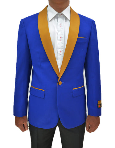 Mens One Button Contrast Shawl Collar Dinner Jacket Royal Blue & Gold