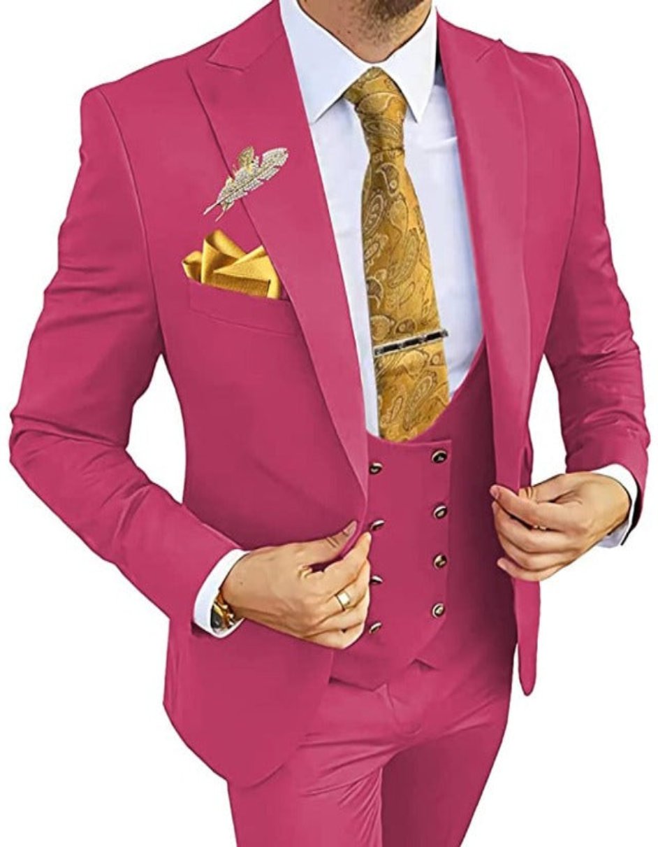 52 Mens One Button Peak Lapel Vested Wedding Suit with Gold buttons in Rose Gold 52 Mens One Button Peak Lapel Vested Wedding Suit with Gold buttons in Rose Gold