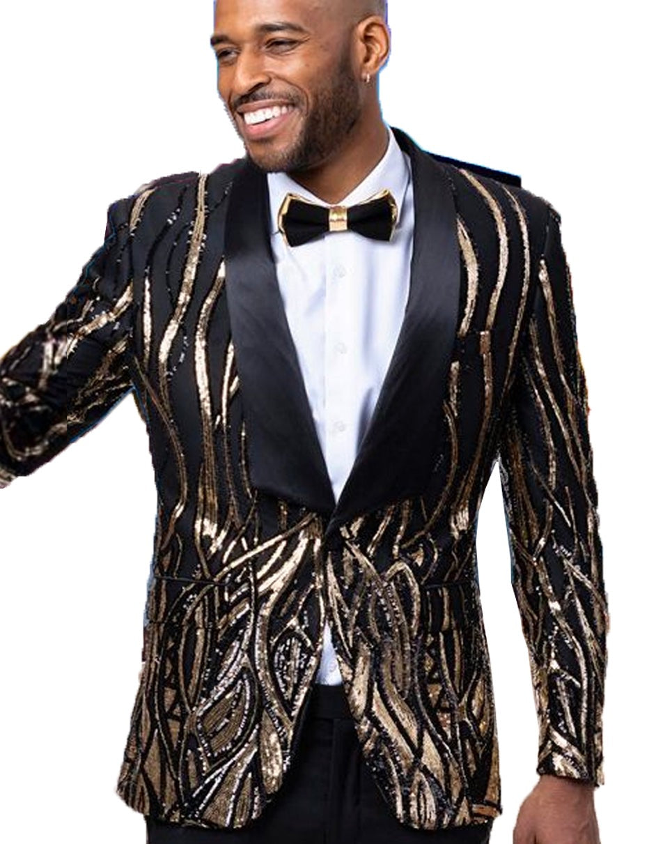 S Mens Black & Gold Paisley Sequin Blazer Tuxedo S Mens Black & Gold Paisley Sequin Blazer Tuxedo