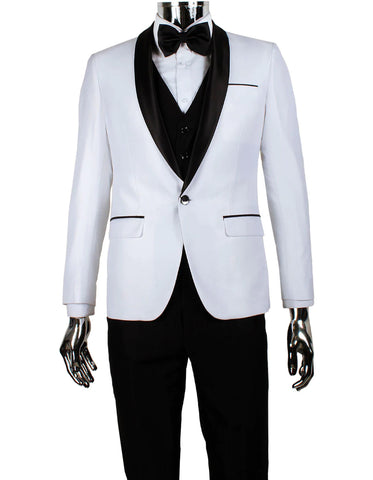 Mens 1 Button Shawl Lapel Vested Wedding | Prom Tuxedo in White Sharkskin