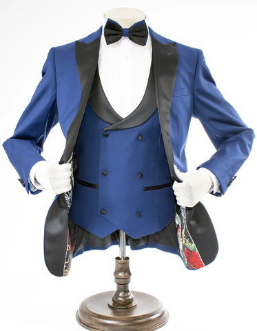 Mens 2 Button Peak Lapel Prom Sapphire Blue Tuxedo with Double Breasted Vest