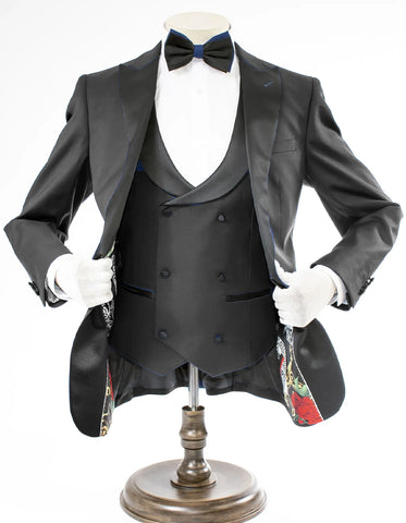Mens 2 Button Peak Lapel Prom Tuxedo with Black Double Breasted Vest