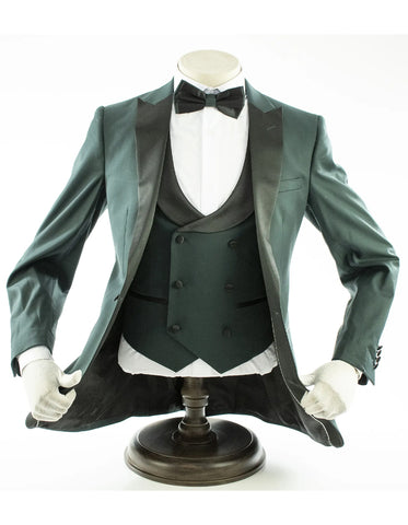 Mens 2 Button Peak Lapel Prom Hunter Green Tuxedo with Double Breasted Vest