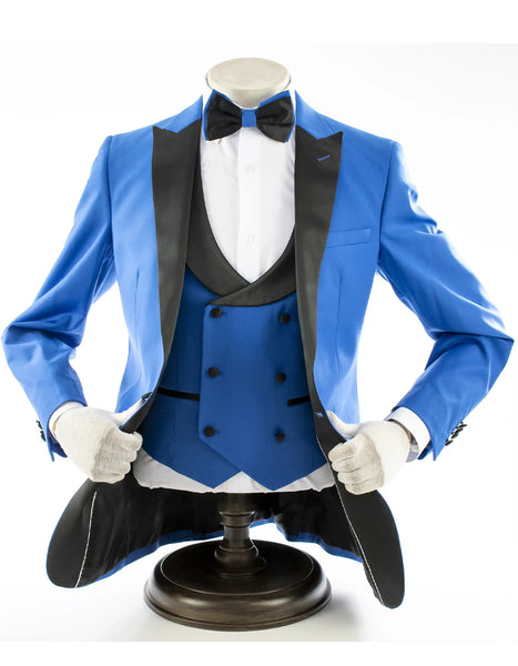 Mens 1 Button Peak Lapel Vested Wool Tuxedo in Sapphire Blue