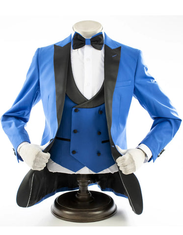 Mens 2 Button Peak Lapel Prom Royal Blue Tuxedo with Double Breasted Vest