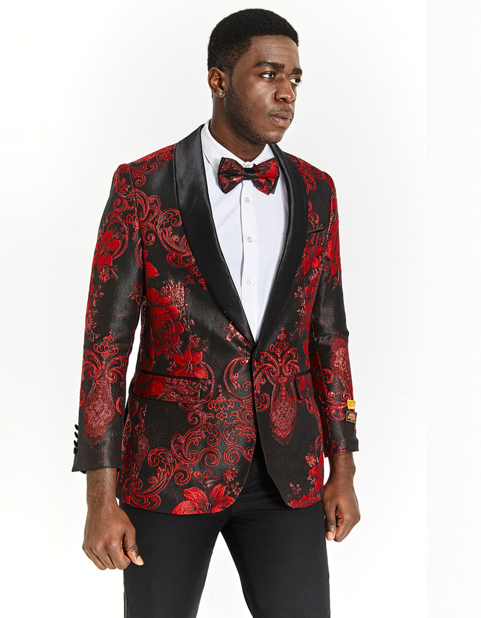 X-Small Mens Black & Red Paisley Floral Prom Tuxedo Dinner Jacket X-Small Mens Black & Red Paisley Floral Prom Tuxedo Dinner Jacket